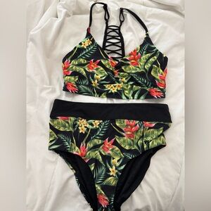 CALIA by Carrie Underwood Tropical Print Swim Set - Black, Green, Red, Yellow